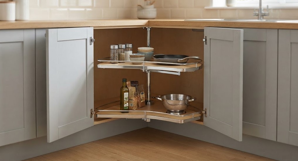 Meuble de cuisine d'angle avec tourniquet et plateformes pivotantes
