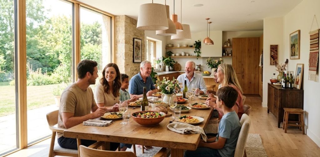 Salle à manger conviviale bien éclairée