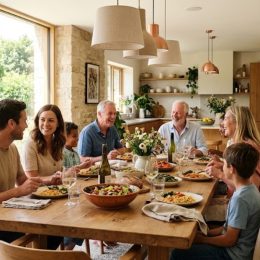 Salle à manger conviviale bien éclairée