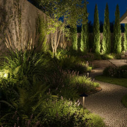 Éclairage extérieur qui met en valeur la végétation