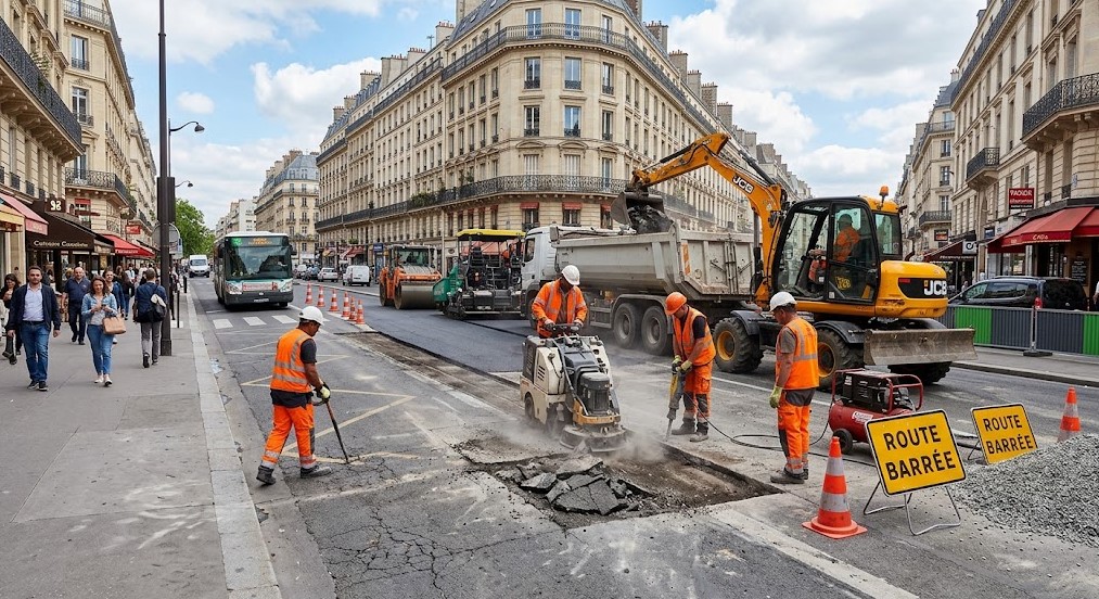 Machines de travaux publics sur chantier urbain